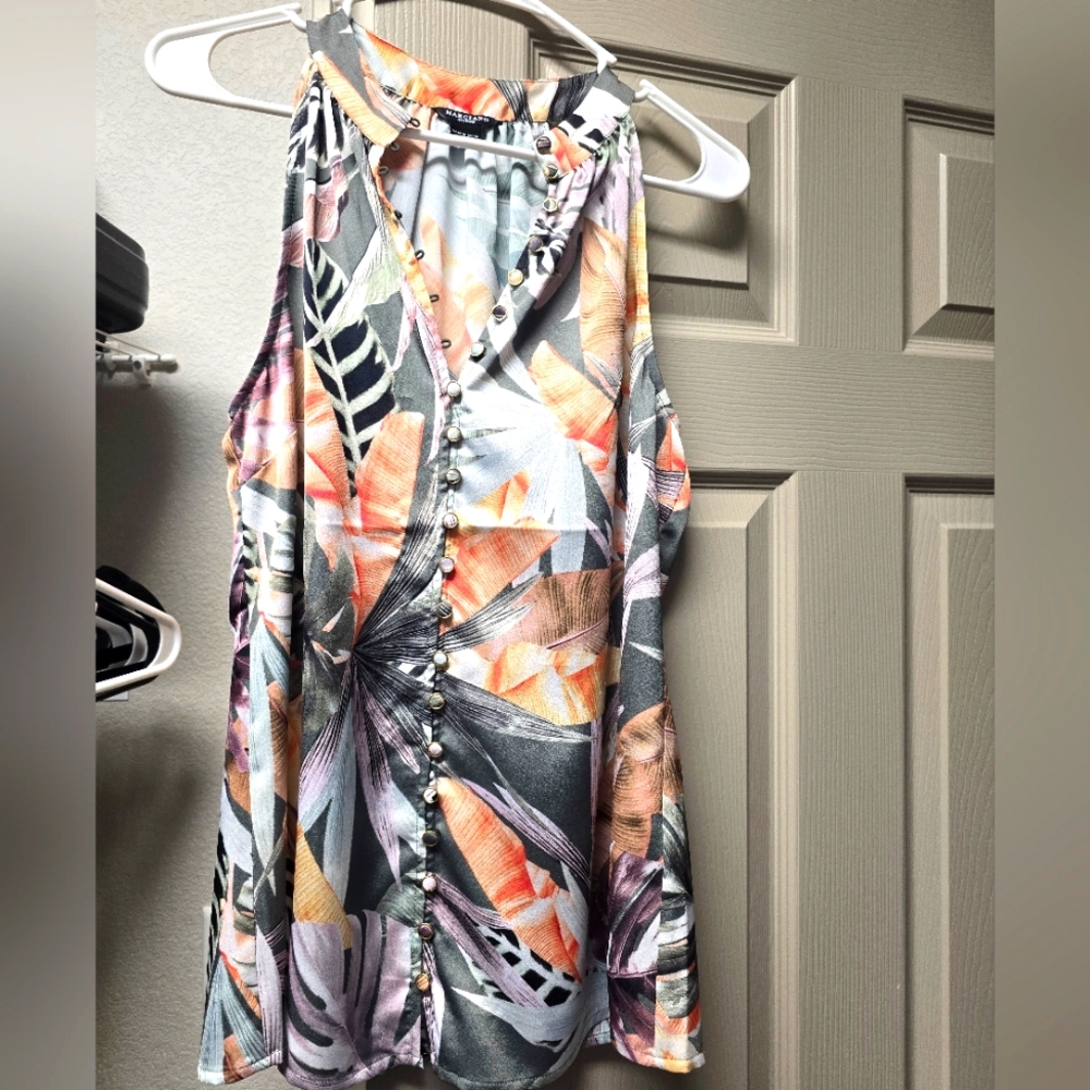 Tropical Sleeveless Blouse with Button Detail